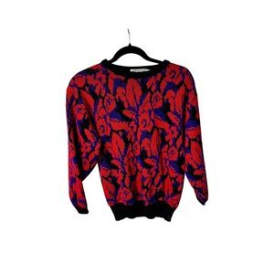 Vintage DESIGN International Geometric Floral Knit Sweater Red Blue Black Womens